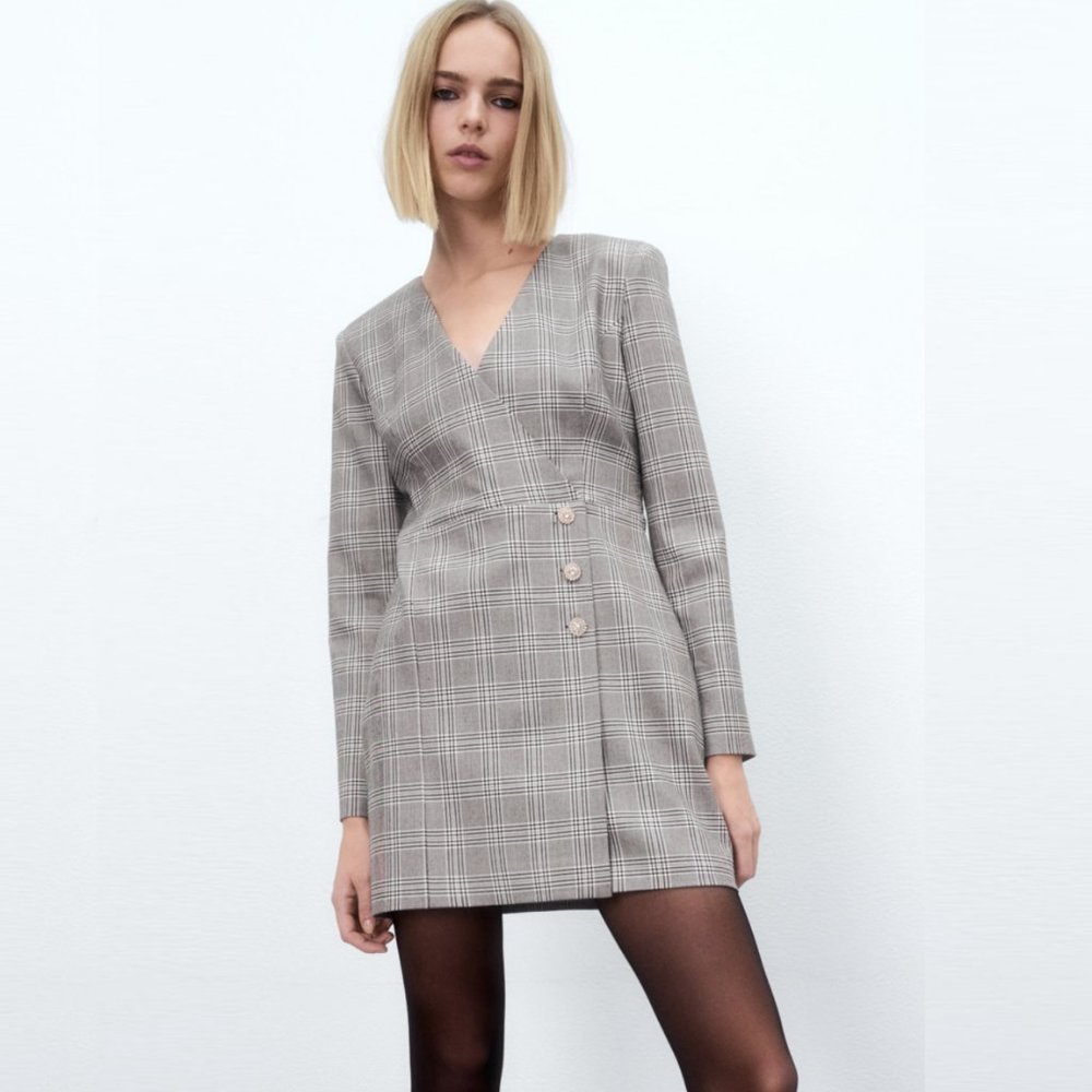 Zara NWT Plaid Black and White Blazer Dress - XS